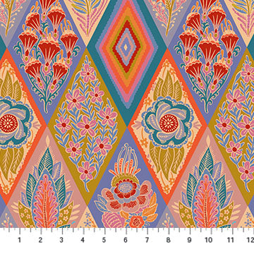 The image is a vibrant and colorful pattern featuring a diamond-shaped motif with various floral and geometric elements. The pattern includes a variety of flowers, leaves, and other decorative elements in shades of red, orange, yellow, and green. The overall design is visually striking and appears to be a repeating pattern or collage of multiple images.