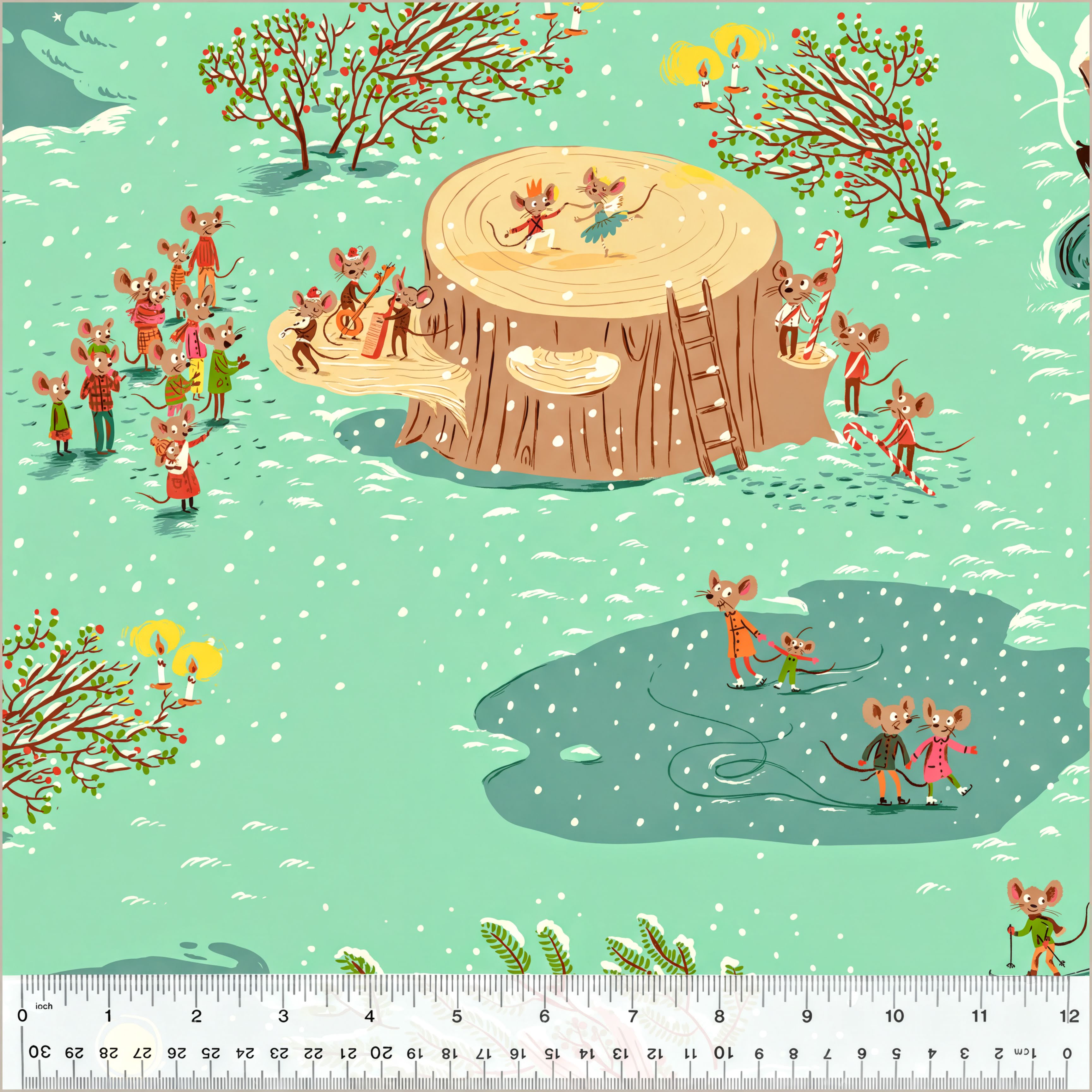 A whimsical illustration depicting a group of mice playing and interacting in a snowy landscape with a large tree stump, a pond, and a scale ruler for size reference.