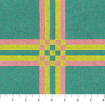 The image is a close-up of a fabric with a geometric pattern in shades of green, yellow, and pink.