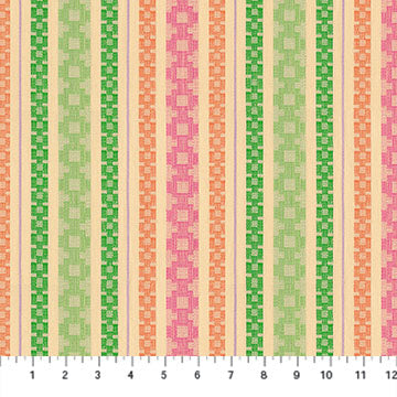 The image is a fabric with a repeating pattern of vertical stripes in various colors, including green, orange, pink, and yellow. The pattern is arranged in a grid-like fashion, with each stripe having a different color. The fabric appears to be made of woven material, and the image does not contain any text or other objects.