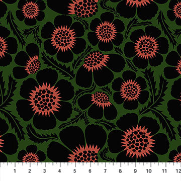 a repeating pattern of black and red flowers against a dark green background.