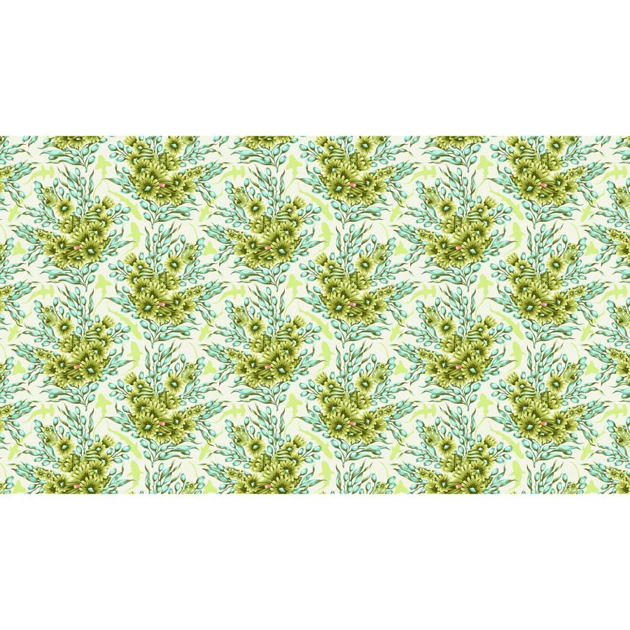 a repeating pattern of green and yellow flowers or leaves on a light background.