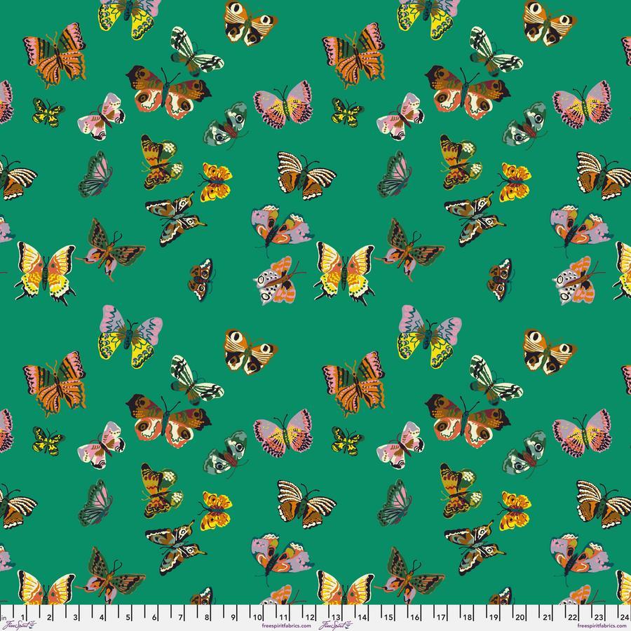 a vibrant and colorful pattern of various butterflies in different sizes and colors, including orange, yellow, green, and purple, against a green background.