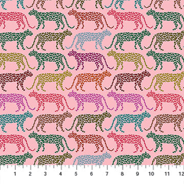 a repeating pattern of stylized leopard silhouettes in various colors, including shades of pink, green, blue, and orange.
