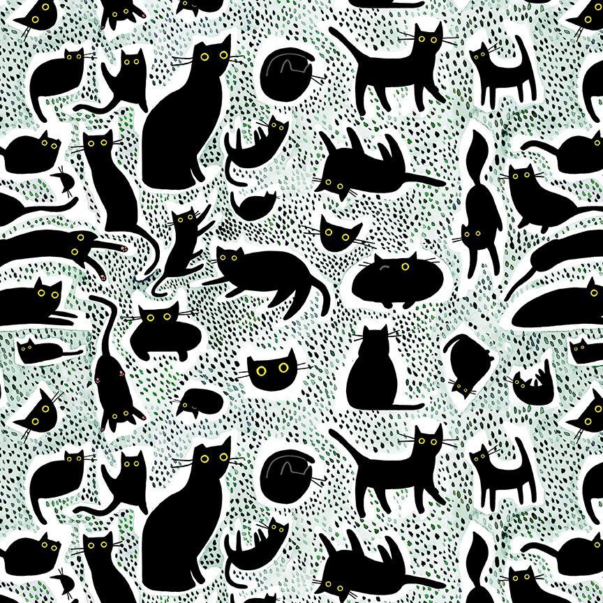 a repeating pattern of black cats with yellow eyes against a light green background.