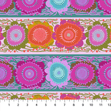 a vibrant and colorful floral pattern with various shades of pink, green, blue, and orange flowers arranged in a repeating design.