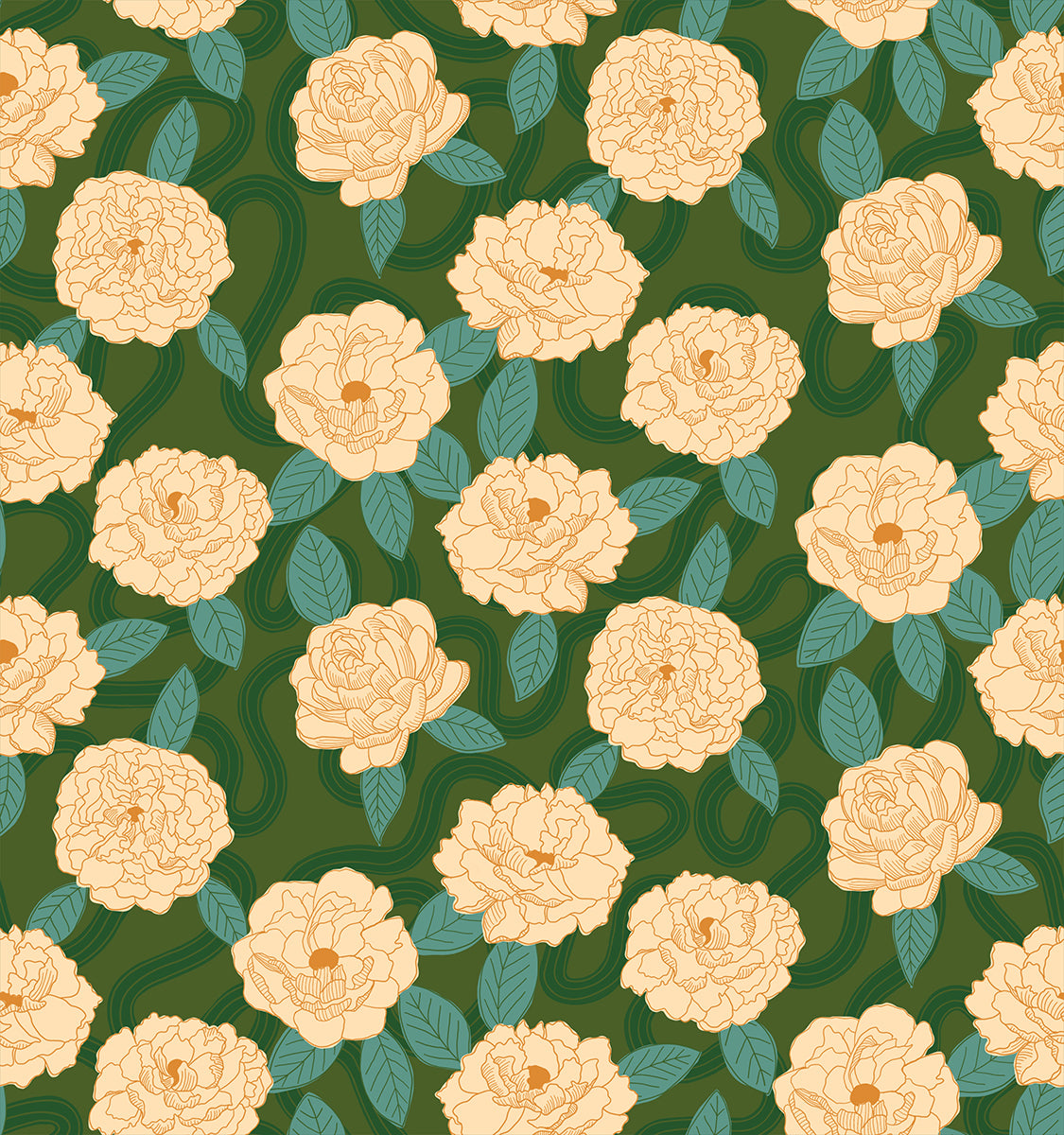 a pattern of flowers with leaves on a green background