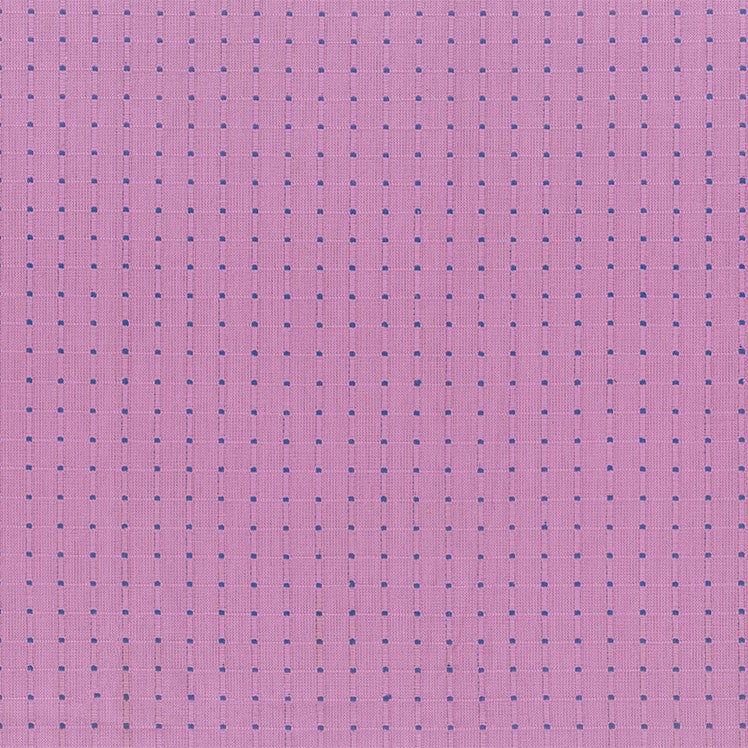 The image is a close-up of a fabric with a grid-like pattern of small blue dots on a pink background.