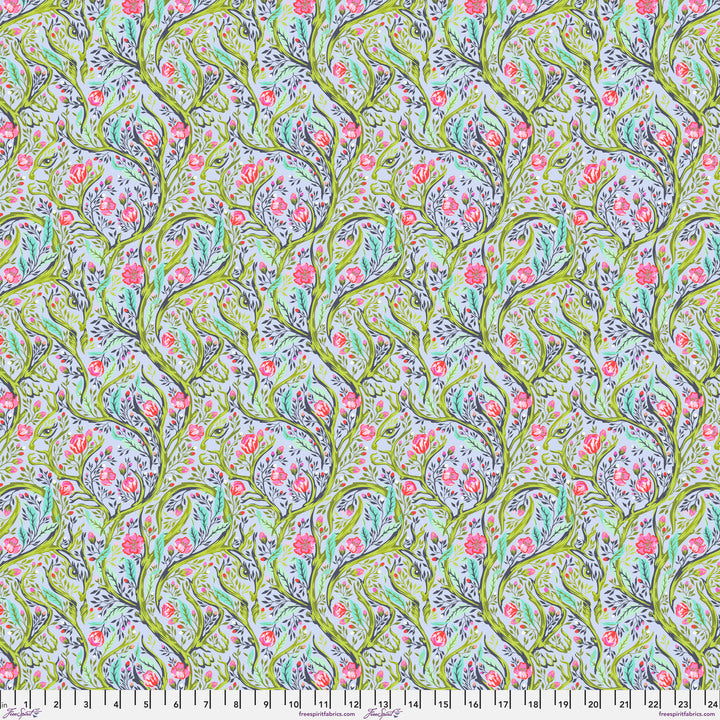 a green and pink floral pattern on a white background