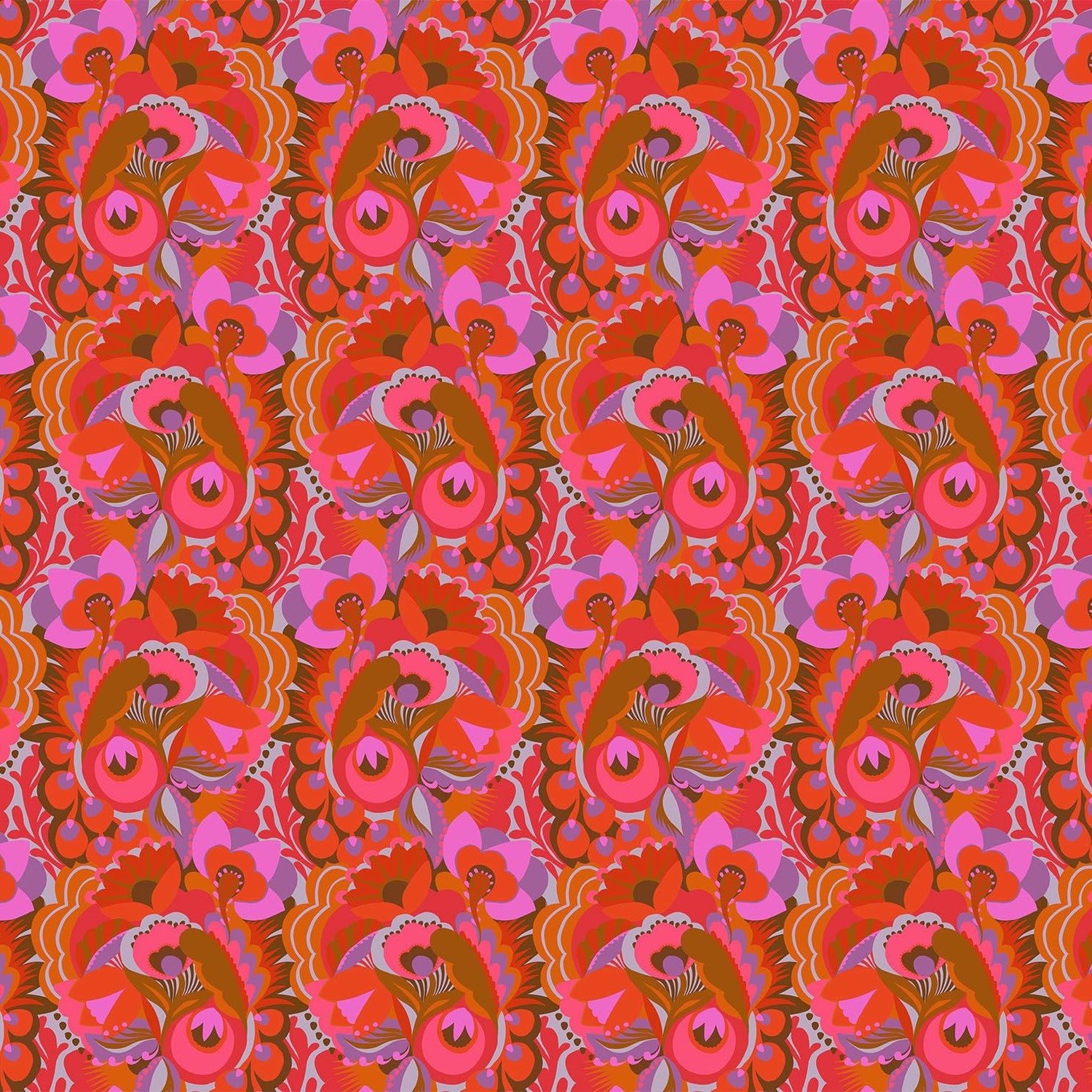 The image is a vibrant, repeating pattern of abstract floral and organic shapes in shades of red, orange, and pink. The pattern features a variety of organic forms, including flowers, leaves, and other natural elements, arranged in a visually striking and symmetrical manner. The overall design is dynamic and energetic, with a sense of movement and rhythm throughout the pattern.