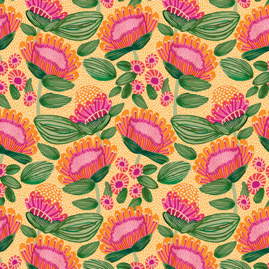 a repeating pattern of pink and green flowers with green leaves against a yellow background.