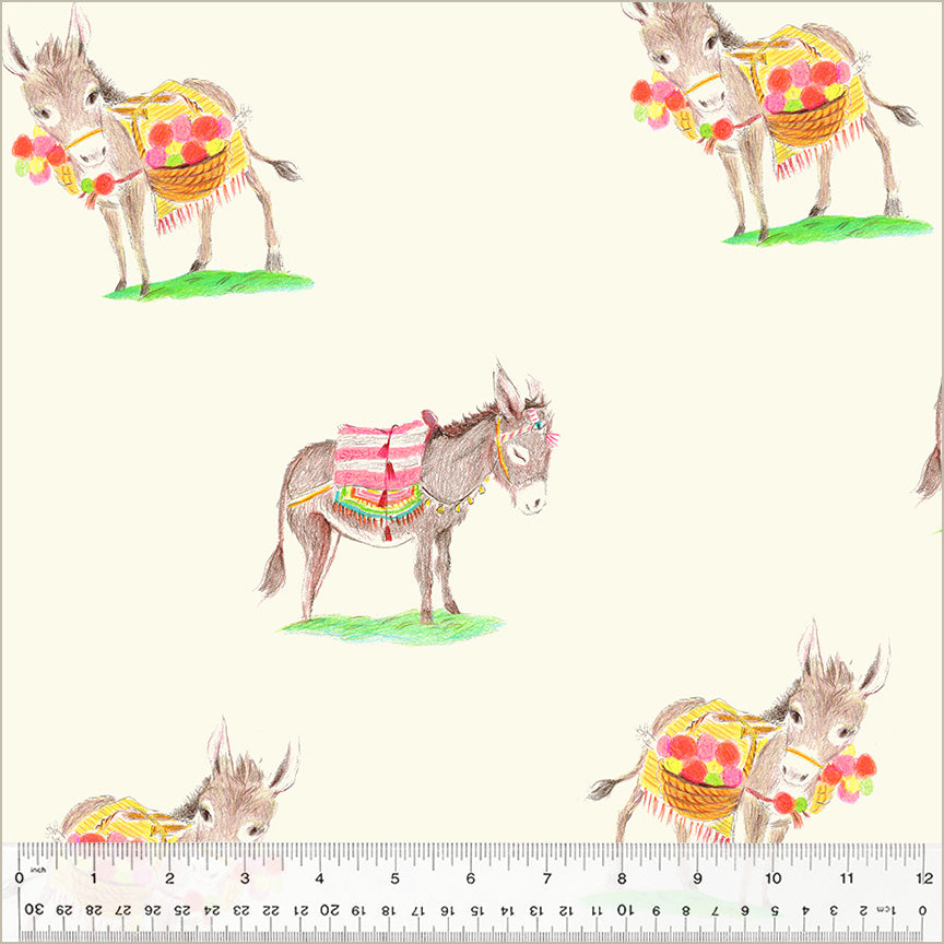 a repeating pattern of cartoon-style donkeys, each with different accessories such as baskets and flowers, arranged in a grid-like layout.
