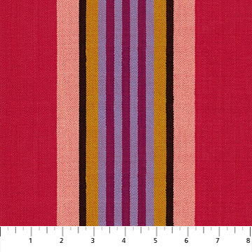 a vibrant, striped fabric with bold red, pink, and purple vertical stripes. The fabric appears to be a textile or material with a textured, woven pattern.