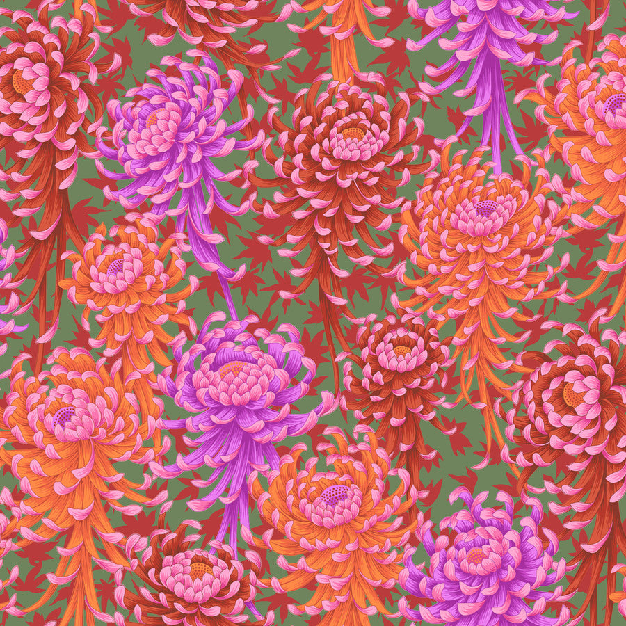 a vibrant and colorful pattern of chrysanthemum flowers in shades of pink, orange, and purple against a green background.