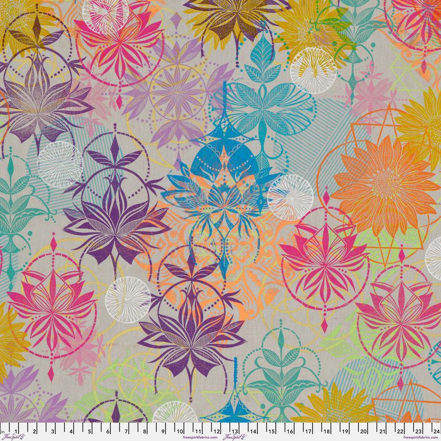 The image is a vibrant and colorful abstract pattern featuring various flowers, leaves, and geometric shapes in shades of pink, orange, blue, green, and purple. The pattern is composed of multiple overlapping and intersecting elements, creating a dynamic and visually striking design.
