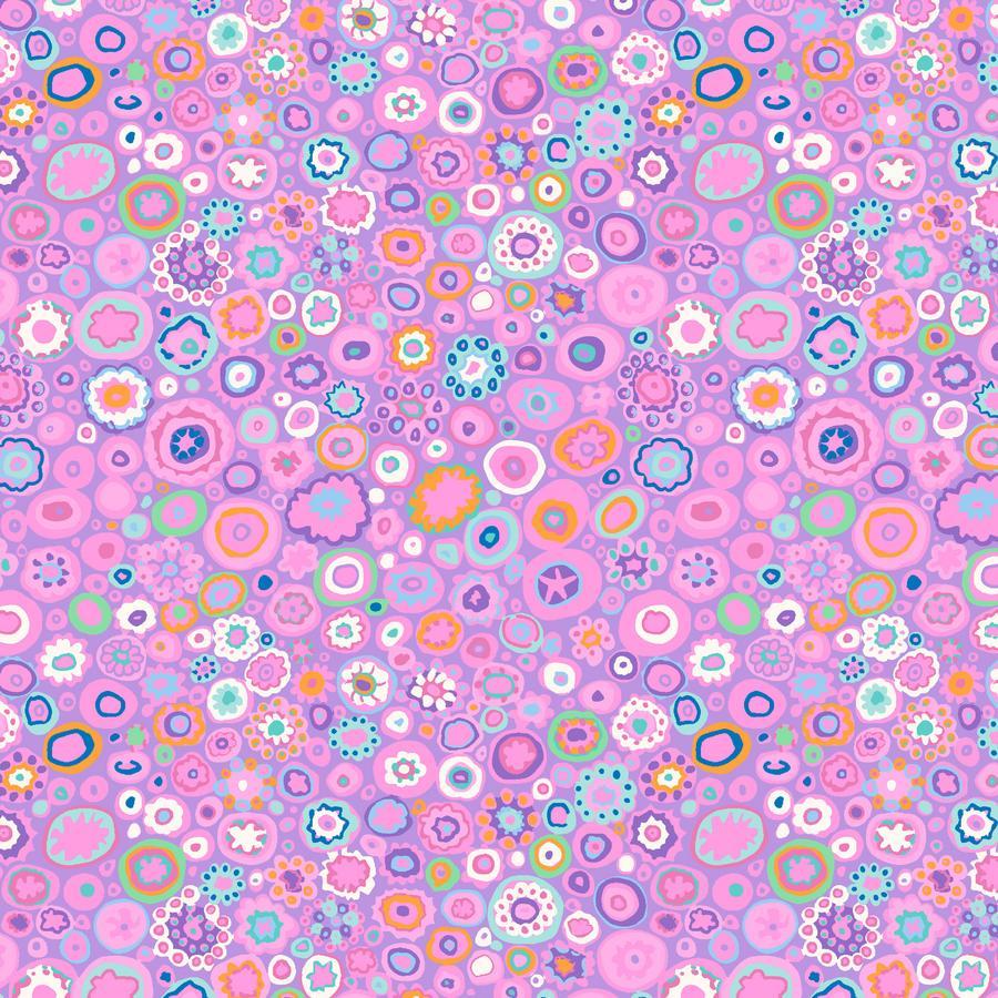 The image is a vibrant and colorful abstract pattern composed of various shapes, including circles, ovals, and other geometric forms, in shades of pink, blue, green, and orange. The pattern appears to be a repeating design, creating a visually striking and dynamic composition.