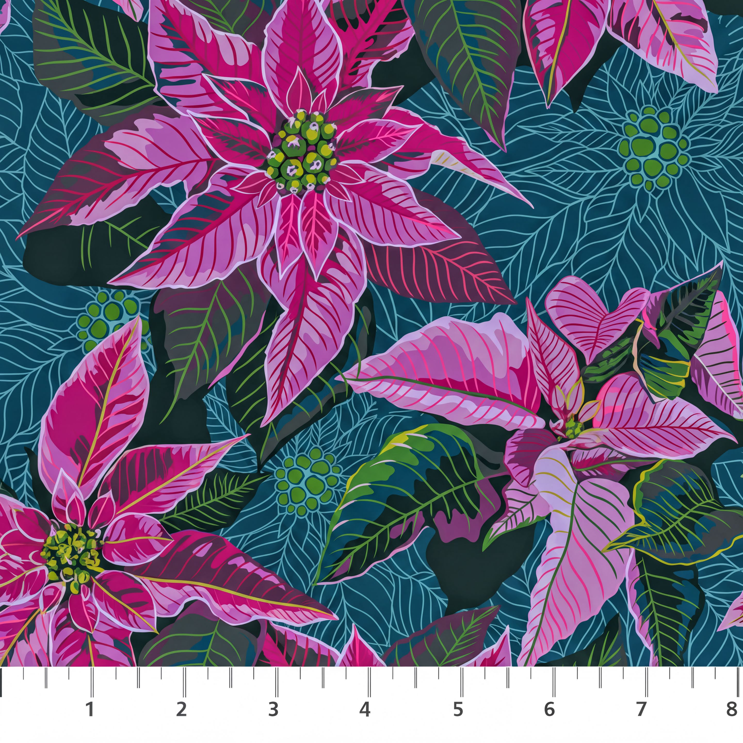 a vibrant and colorful pattern of pink poinsettia flowers against a dark blue background.