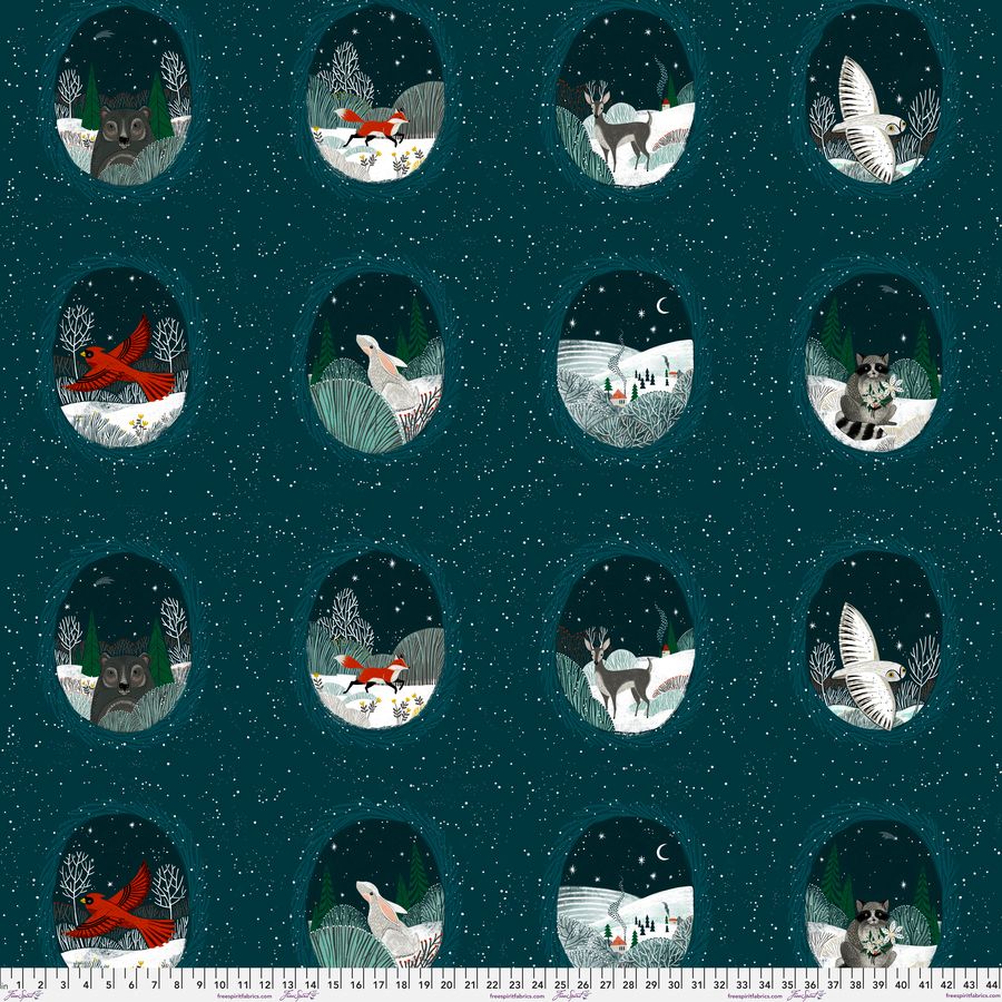 a collection of twelve circular illustrations depicting various winter scenes, including animals, landscapes, and celestial elements.