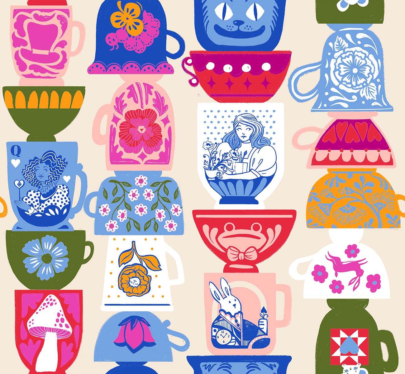 The image is a vibrant collection of various colorful and whimsical tea cups and mugs, each with unique designs and patterns.