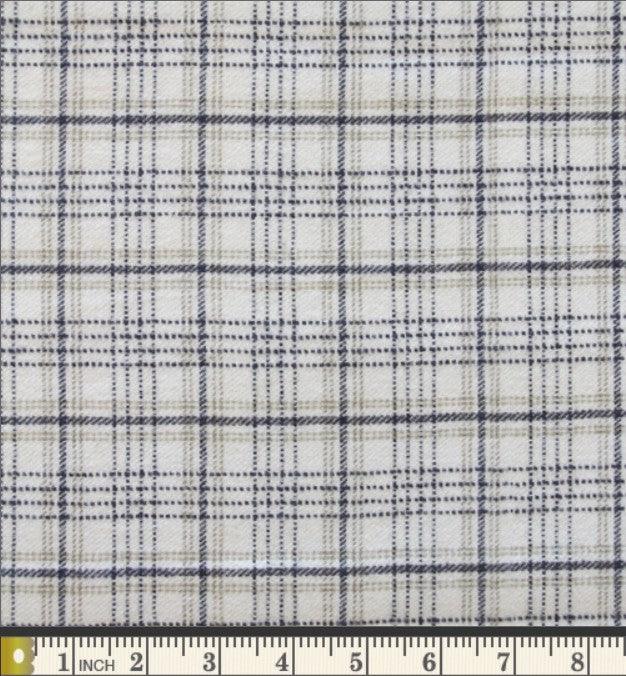 a fabric with a plaid pattern, featuring a grid-like design with alternating dark and light gray lines. The fabric appears to be a light-colored material, possibly a type of cotton or linen. The image does not contain any text or other discernible objects or actions.