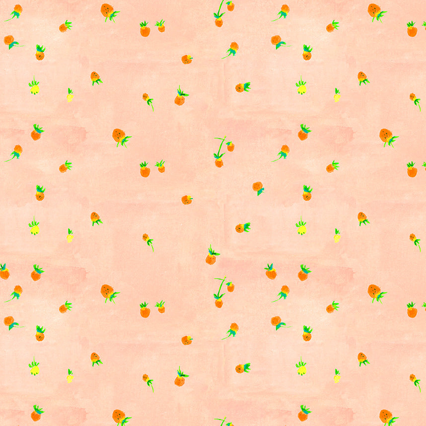 a pattern of oranges and green leaves on a beige background