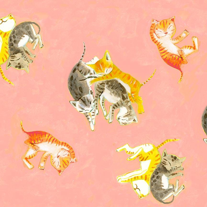 a group of cats on a pink background