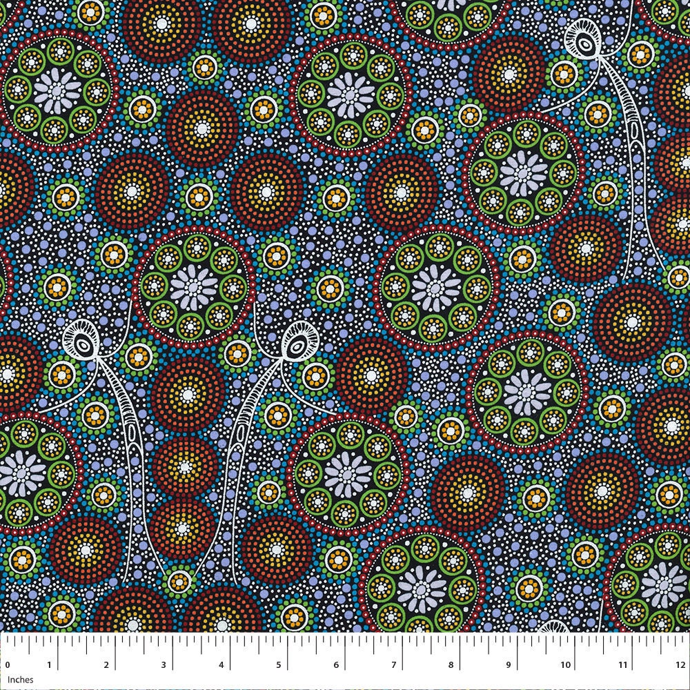 Gathering Bush Tucker Green, Gloria Doolan, Australian Fabric, Aboriginal Fabric, Cotton Fabric, Quilt Fabric, Quilting Fabric By The Yard