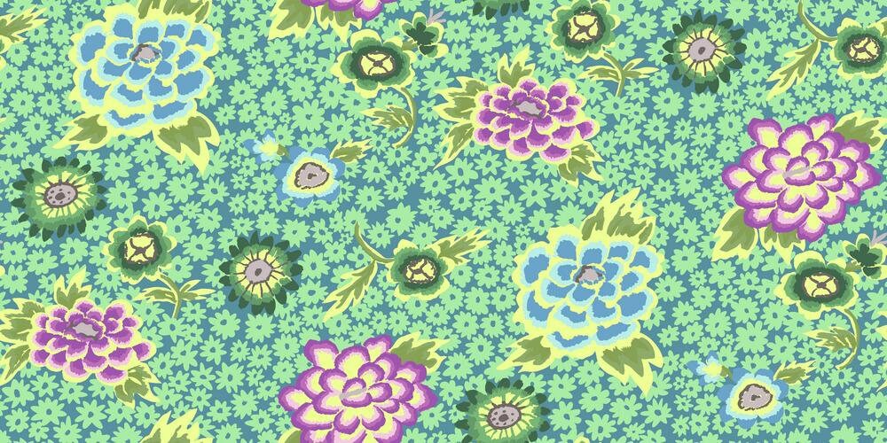 Kaffe Fassett CHARLOTTE Teal PWGP186, Quilt Fabric, Cotton Fabric, Floral Fabric, Free Spirit Fabrics, Quilting, Fabric By The Yard