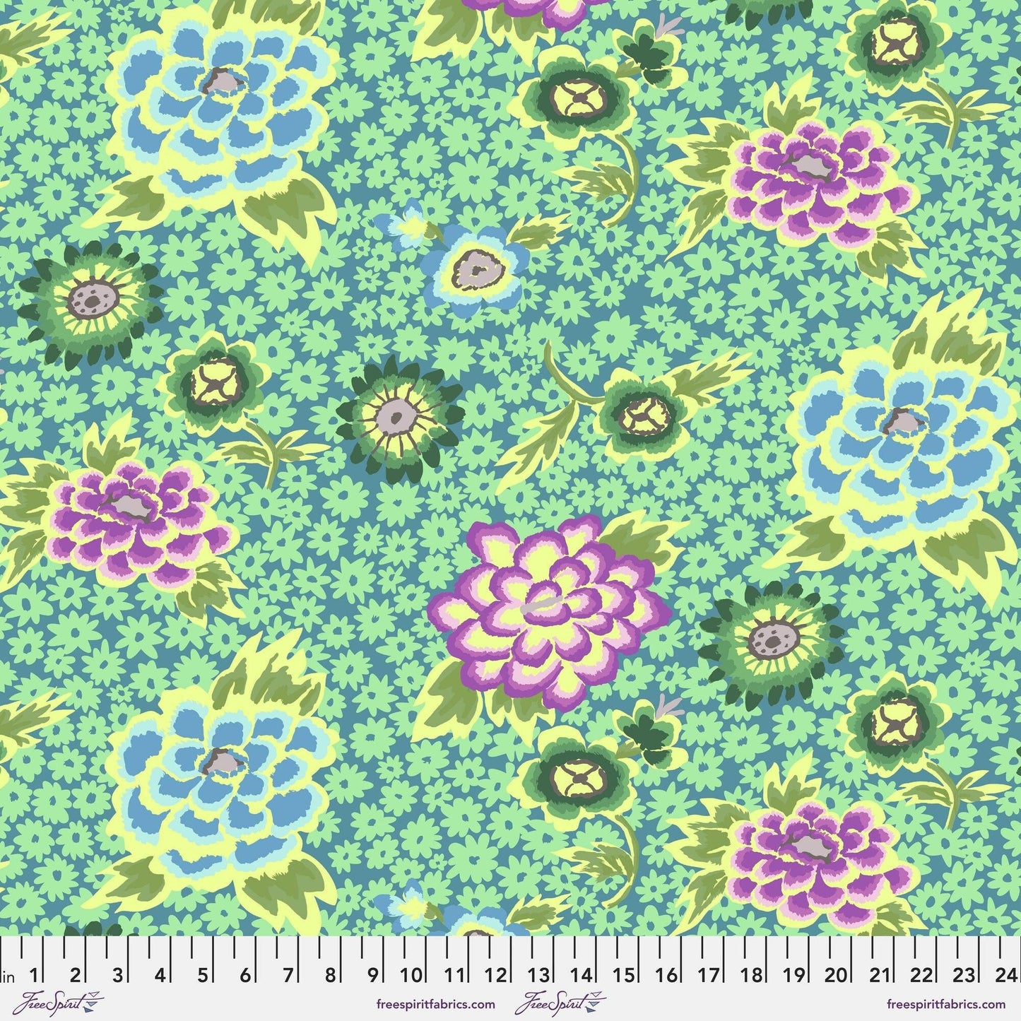 Kaffe Fassett CHARLOTTE Teal PWGP186, Quilt Fabric, Cotton Fabric, Floral Fabric, Free Spirit Fabrics, Quilting, Fabric By The Yard