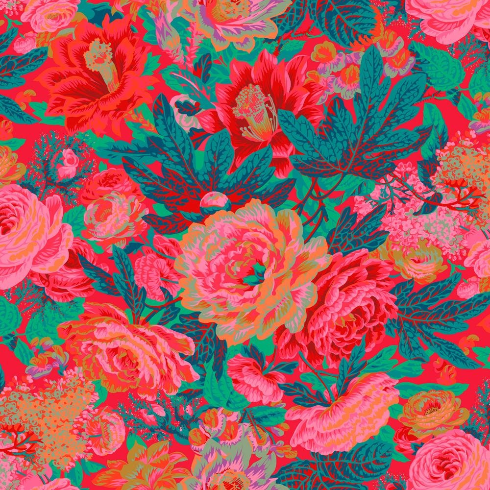 Kaffe, FLORAL BURST-Red PWPJ029, Kaffe Fassett Fabric, Philip Jacobs, Quilting, Quilt Fabric, Cotton, Free Spirit, Fabric By The Yard