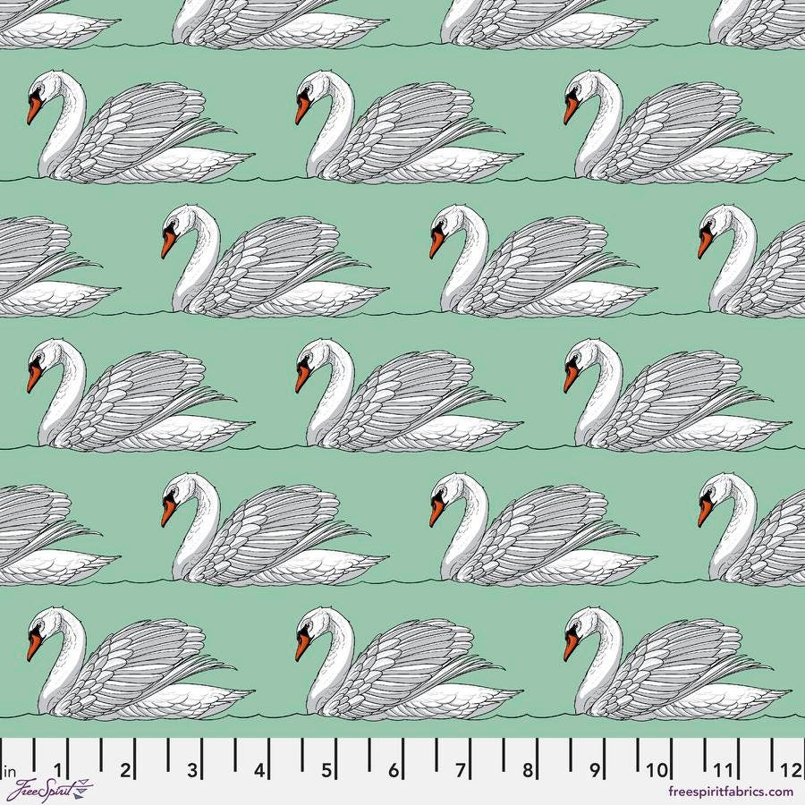 SWAN LAKE, PWRH053.Oasis, Rachel Hauer, Free Spirit, Quilting Cotton, Quilting Fabric, Turquoise Fabric, Bird Fabric, Fabric By The Yard